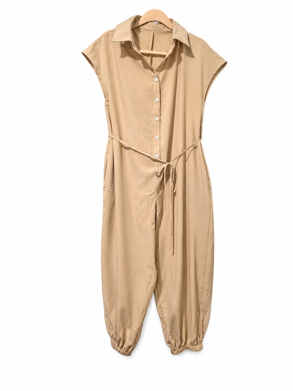 Sleeveless Beige Utility Jumpsuit with Drawstring Waist - Picture 2 of 9
